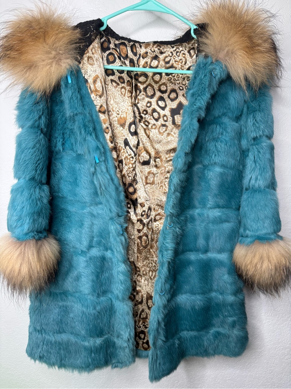 Teal Mink Fur Coat with Leopard Lining and Tan Fur Trim- NWOT